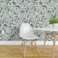 Pre-Pasted Wallpaper 2FT Wide Vintage Blue Flowers Dusty Pretty Traditional Delicate Pastel Farmhouse Transitional Lemon Custom Pre-pasted Wallpaper by Spoonflower