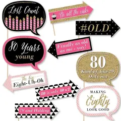 Big Dot of Happiness Funny Chic 80th Birthday - Pink, Black and Gold - Birthday Party Photo Booth Props Kit - 10 Piece
