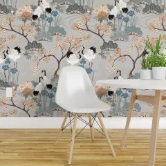 Pre-Pasted Wallpaper 2FT Wide Large Scale Japanese Garden Grey Asian Floral Birds Animals Custom Pre-pasted Wallpaper by Spoonflower