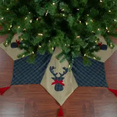 Northlight 48" Blue and Brown Burlap and Plaid Reindeer Christmas Tree Skirt with Tassels