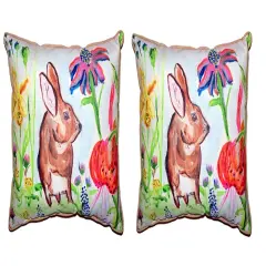 Pair of Betsy Drake Brown Rabbit Right Facing Outdoor Pillows 16 Inch x 20 Inch