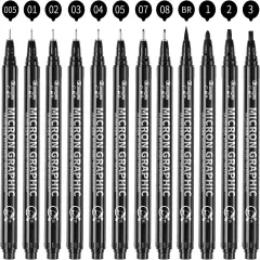 12 Size Black Micro-Pen Fineliner Ink Pens, Waterproof Archival Ink Fine Point Micro Drawing Pens for Art Watercolor, Sketching, Multiliner, Anime