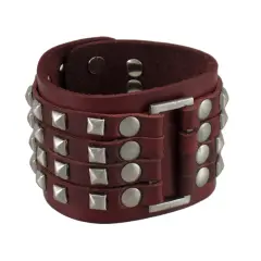 Brown Leather 4 Row Chrome Pyramid Stud Wristband