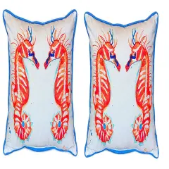 Pair of Betsy Drake Coral Sea Horses Large Indoor/Outdoor Pillows