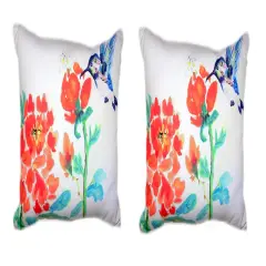 Pair Of Betsy Drake Hummingbird & Red Flower No Cord Pillows 16 X 20