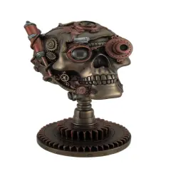 Bronze / Copper Finished Steampunk Skull Statue - Gear Base