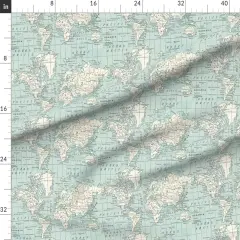 Various Fabrics by the Yard or Fat Quarter Vintage Maps Blue And Cream World Map Geography Countries Travel Custom Printed Fabric by Spoonflower