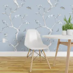 Pre-Pasted Wallpaper 2FT Wide Chinoiserie Large Scale Pastel Blue Victorian Flower Bird Romantic Custom Pre-pasted Wallpaper by Spoonflower