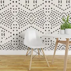 Pre-Pasted Wallpaper 2FT Wide Bohemian Mud Cloth Boho Modern Dots Black And White Farmhouse Custom Pre-pasted Wallpaper by Spoonflower