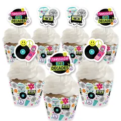 Big Dot of Happiness Through the Decades - Cupcake Decoration - 50s, 60s, 70s, 80s, and 90s Party Cupcake Wrappers and Treat Picks Kit - Set of 24