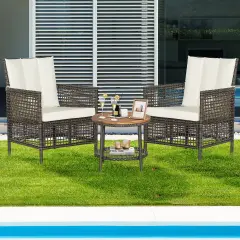 Costway Patiojoy 3PCS Patio Rattan Furniture Set Cushioned Sofas Wood Table Top W/Shelf