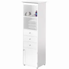 Tall Freestanding Storage Organizer Linen Tower, Vanity Closet, Bathroom Cabinet with 2 Open shelves, 3 Drawers, and a Closet White
