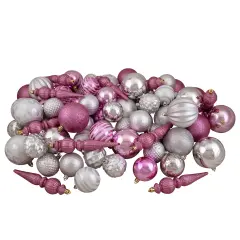Northlight Shatterproof 3-Finish Christmas Ball and Finial Ornaments -Pink and Silver - 75ct
