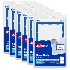 Avery Customizable Name Tags, 2-1/3" x 3-3/8", White with Blue Border, 6 Packs of 100, 600 Removable Name Badges Total (44144)