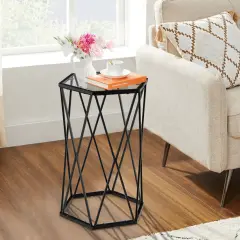 End Table Tempered Glass Top Metal Frame Hexagonal Accent Side Table Living Room