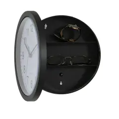 Contemporary Black Wall Mounted Plastic Clock with Hidden Storage Door - Secret Interior Compartment, Hidden Safe for Storing Valuables - 10 Inch Dia - Stylish Home Security and Organization Solution with Modern Elegance
