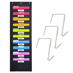 Black Pocket Chart for Classroom - 10 Pocket Storage Rainbow Pocket Charts , 3 Over Door Hangers Included, Hanging Wall File Organizer for File Folders, School Mailbox, Home/Office Papers