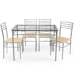 5 Pieces Dining Set Glass Table and 4 Chairs with Shelf Below The Top
