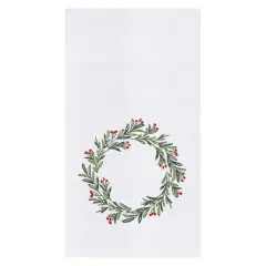 Green Holly with Red Berries Wreath Holiday Christmas Xmas Embroidered Flour Sack Kitchen Towel 27L x 18W in.