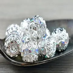 Bright Silver w/Crystal AB Rhinestone Filigree Round Beads -- Choose Your Size