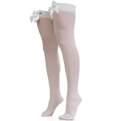 Bow Accent Thigh Highs - White Over the Knee High Stockings with White Satin Ribbon Bow Accent for Women and Girls