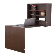 Wall Mount Laptop Fold-out Desk with Shelves Brown