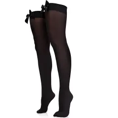 Bow Accent Thigh Highs - Black Over the Knee High Stockings with Black Satin Ribbon Bow Accent for Women and Girls