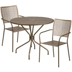 Emma and Oliver Commercial Grade 35.25" Round Metal Garden Patio Table Set, 2 Square Back Chairs Gold
