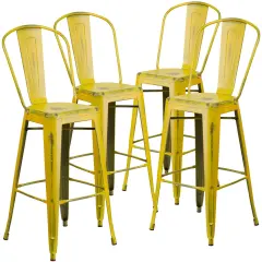 Emma and Oliver Commercial Grade 4 Pack 30" High Distressed Metal Indoor-Outdoor Barstool with Back Yellow