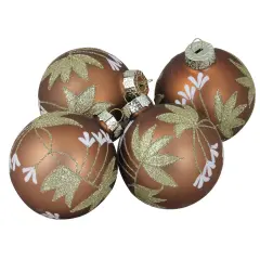 Northlight Glittered Flower Vine Glass Christmas Ball Ornaments - 3" (75mm) - Bronze - 4ct Brown