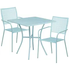 Emma and Oliver Commercial Grade 28" Square Metal Garden Patio Table Set w/ 2 Square Back Chairs Sky Blue