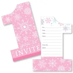 Big Dot of Happiness Pink Snowflakes 1st Birthday Shaped Fill-In Invitations - Girl Winter ONEderland Party Invitation Cards with Envelopes Set of 12