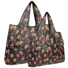 Wrapables Large & Small Foldable Tote Nylon Reusable Grocery Bags, Set of 2 Owls