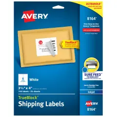 Avery TrueBlock Shipping Labels, Sure Feed Technology, Permanent Adhesive, 3-1/3" x 4", 150 Labels (8164)