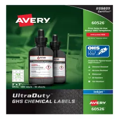 Avery UltraDuty GHS Chemical Labels for Pigment Inkjet Printers, Permanent Adhesive, Waterproof, UV Resistant, 2" x 2", 600 Labels (60526)