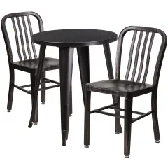 Emma and Oliver Commercial Grade 24" Round Metal Indoor-Outdoor Table Set & 2 Slat Back Chairs Black-Antique Gold