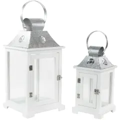 Northlight Wooden Candle Lanterns with Galvanized Metal Tops - 19.5" - White - Set of 2