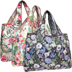 Wrapables Large Foldable Tote Nylon Reusable Grocery Bag, 3 Pack Exotic Bouquet