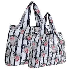 Wrapables Large & Small Foldable Tote Nylon Reusable Grocery Bags, Set of 2 Rose & Stripes