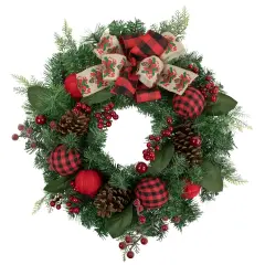 Northlight Pine Artificial Christmas Wreath with Bows and Plaid Ornaments - 24" - Unlit Green