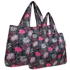 Wrapables Large & Small Foldable Tote Nylon Reusable Grocery Bags, Set of 2 Pink in Bloom