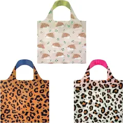 Wrapables Allybag Foldable & Lightweight Reusable Grocery Bag, 3 Pack Leopard Porcupine