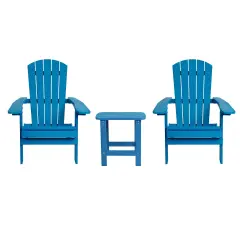 Merrick Lane Set Of Two Riviera Folding Adirondack Patio Chairs With Matching Outdoor Side Table Blue