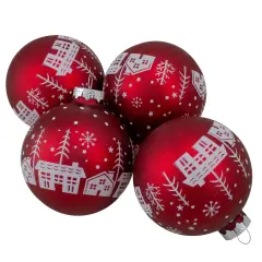 Northlight Snowy City Christmas Glass Ball Ornaments - 3.25" (80mm) - Red - 4ct