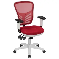 Emma and Oliver Mid-Back Mesh Triple Paddle Swivel Ergonomic Office Chair with Adjustable Arms Red Mesh/White Frame