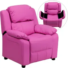 Emma and Oliver Deluxe Padded Contemporary Kids Recliner with Storage Arms Hot Pink Vinyl