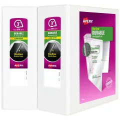 Avery Durable Clear View 3 Ring Binders, 3 Inch EZD Rings, 2-Pack of White Binders (35307)