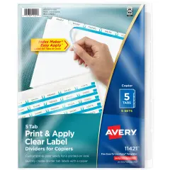 Avery 5 Tab Dividers for 3 Ring Binder, Easy Print & Apply Clear Label Strip for Copiers, Index Maker Customizable White Tabs, 5 Sets (11421)