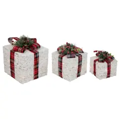 Northlight Lighted Textured and Plaid Gift Boxes Outdoor Decorations - Warm White - Set of 3