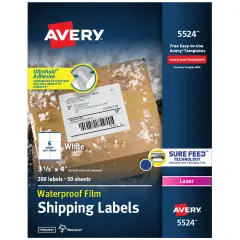 Avery Waterproof Labels with Ultrahold Permanent Adhesive, 3-1/3" x 4", Laser, 300 Labels (05524)